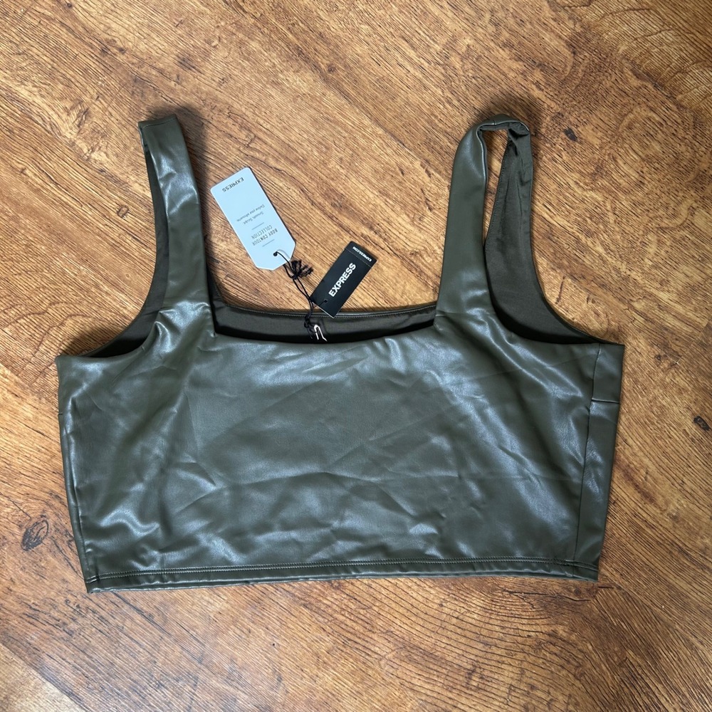 35. Express Body Contour Faux Leather Crop Top Olive Green XL Square Neck NWT - Picture 2 of 6